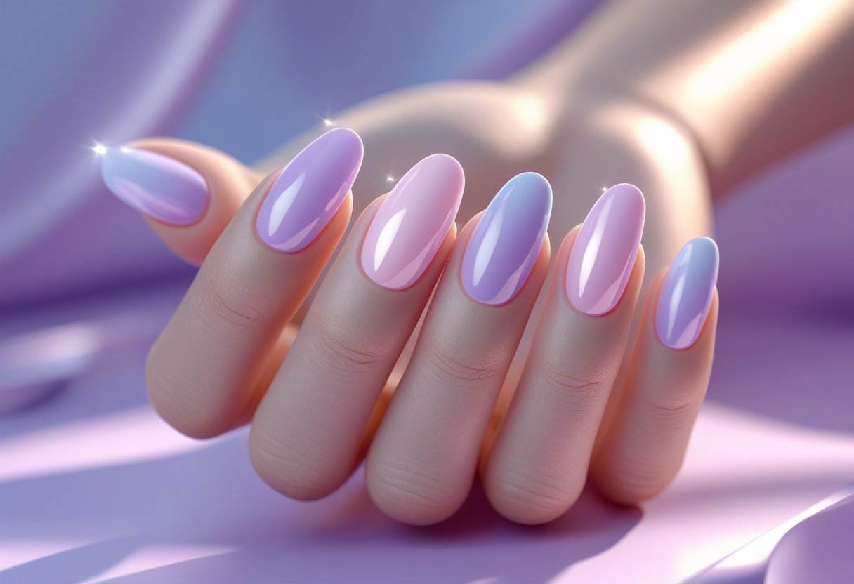 A close-up of a hand with nails painted in a smooth gradient from pink to lilac.