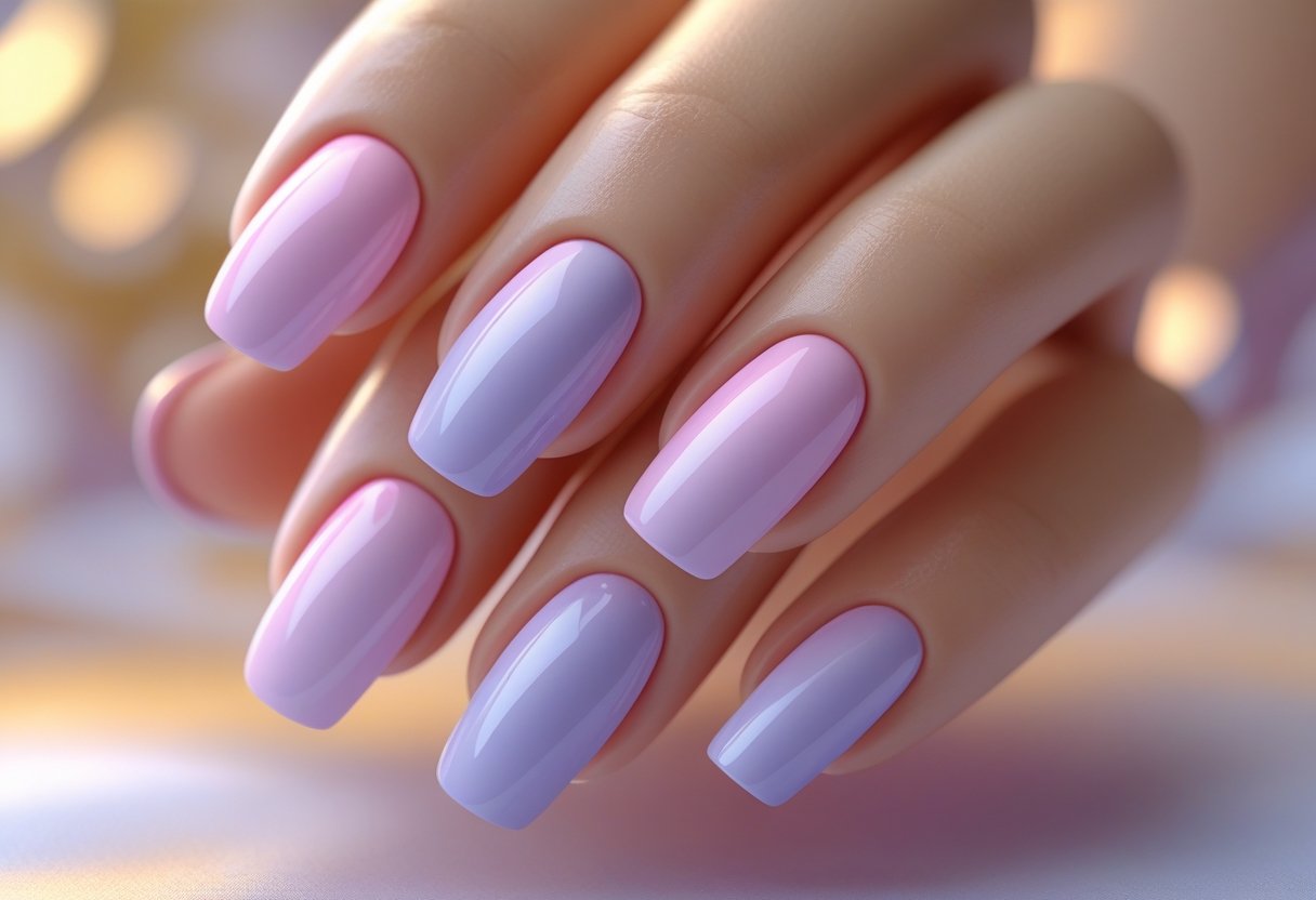 A hand with medium-length nails showing a smooth gradient of pink and lilac colors.