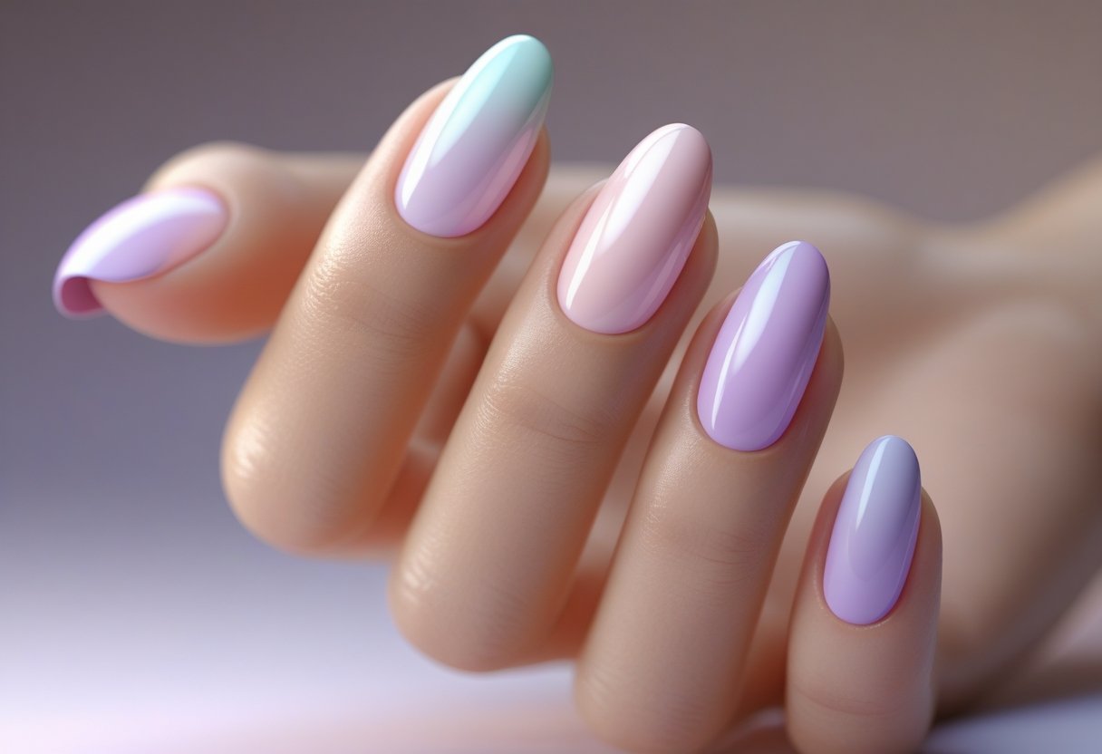 Close-up of a hand with neatly manicured nails showing a smooth gradient from pink to lilac.