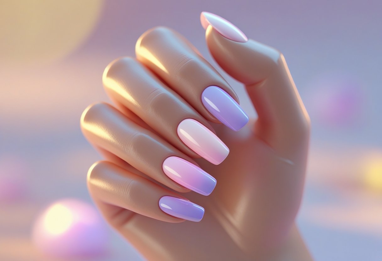 A hand with nails showing a smooth gradient from pink to lilac, positioned against a soft warm background.