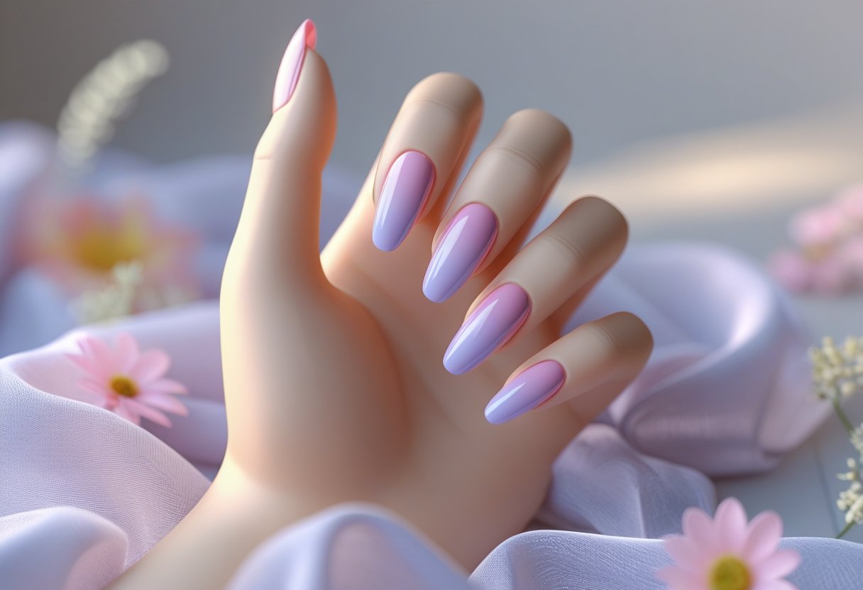 A close-up of a hand with pastel pink and lilac gradient nails, surrounded by small flowers and soft fabric textures.