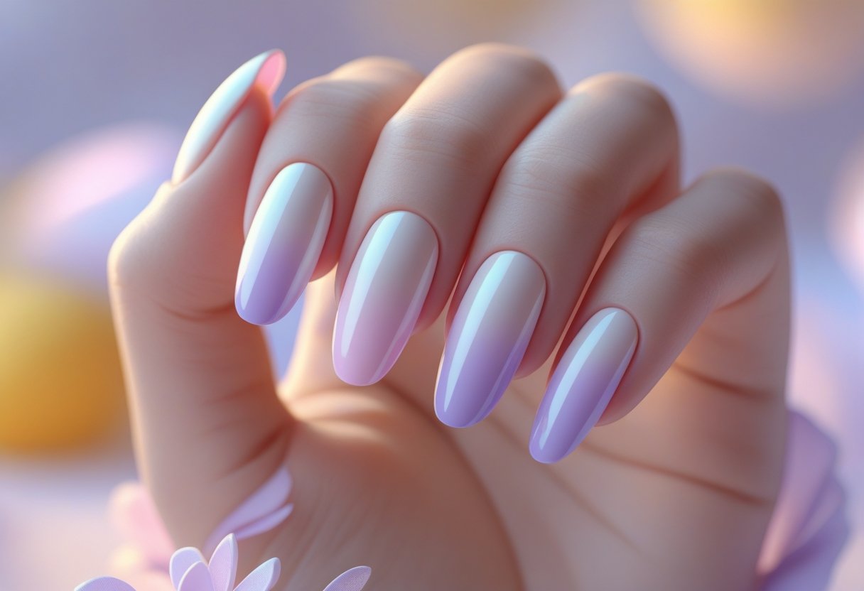 Close-up of a hand with pastel pink and lilac gradient nails against a soft light background.