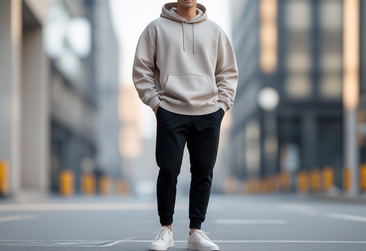 A young adult standing on a city street wearing a hoodie, joggers, and sneakers, looking relaxed and confident.