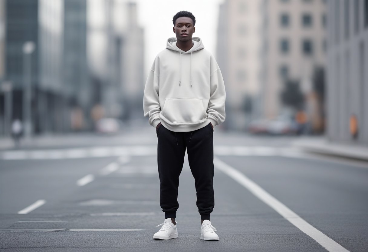 A young adult standing confidently on a city street wearing casual clothing.
