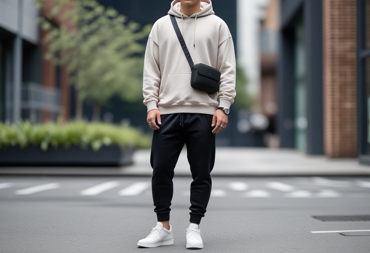 A young person standing on a city street wearing a hoodie, joggers, and sneakers with a crossbody bag and watch.