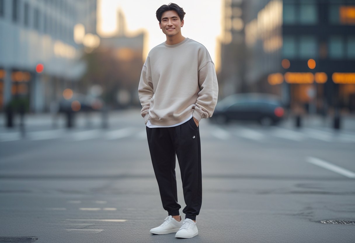 A young adult standing on a city street wearing a casual outfit, smiling with one hand in their pocket.