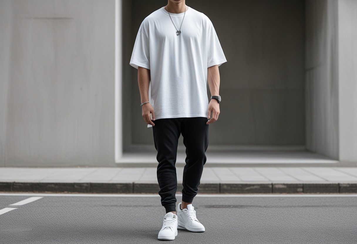 A young adult standing on a city street wearing a white t-shirt, black pants, and white sneakers.