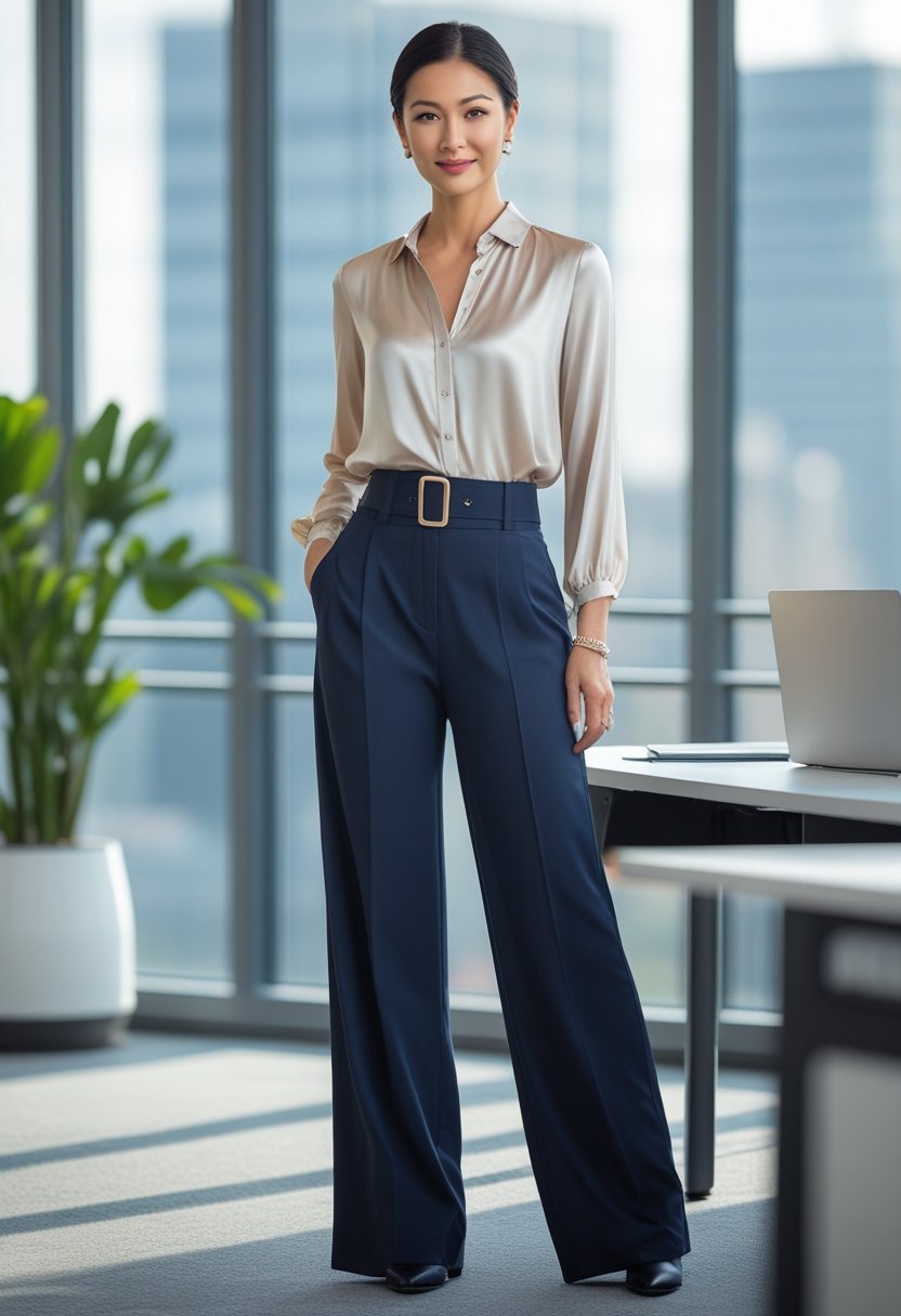 A woman standing confidently in an office wearing wide-leg trousers and a silk blouse with a belt at the waist.