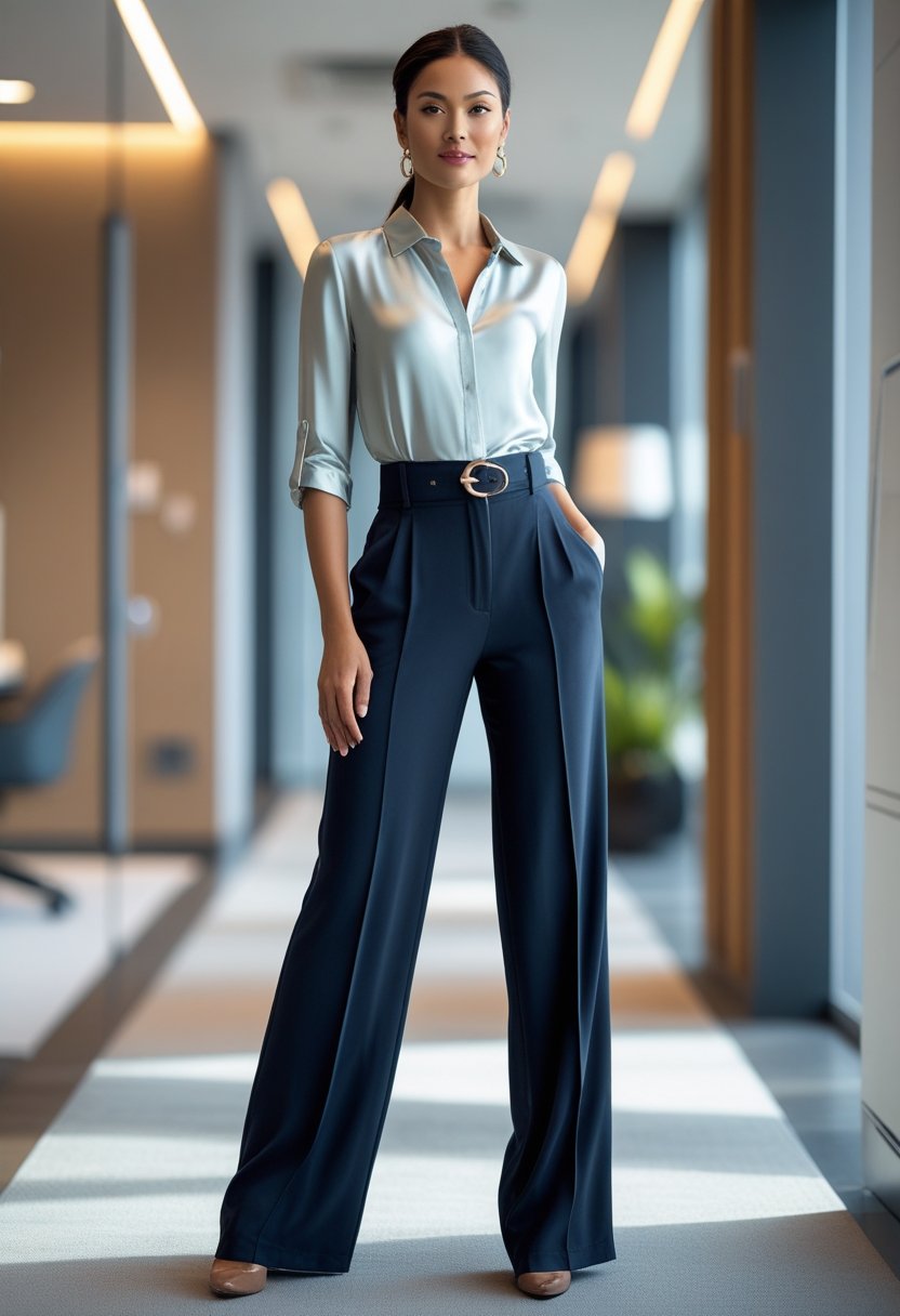 A woman standing in an office wearing wide-leg trousers, a silk blouse, and a belt at the waist.