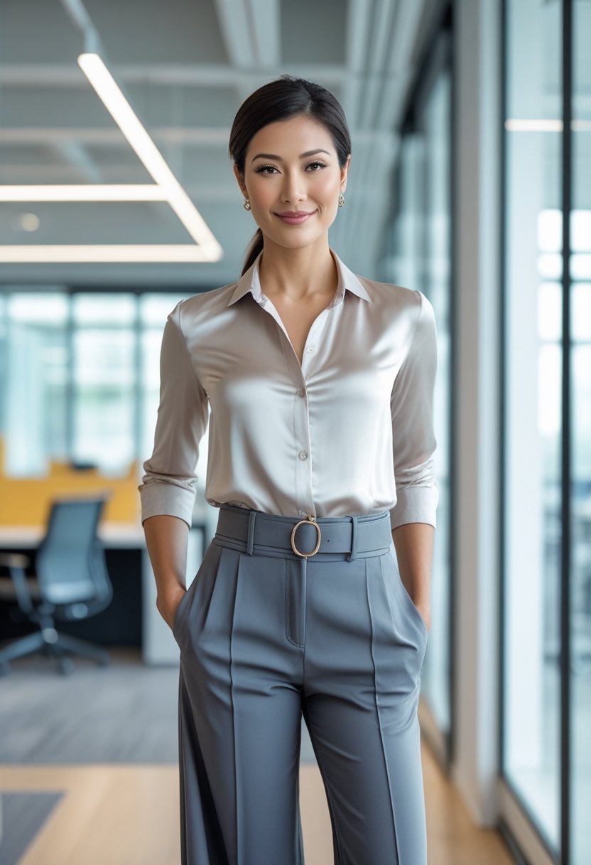 A woman stands in a bright office wearing wide-leg trousers and a silk blouse with a belt, posing confidently.