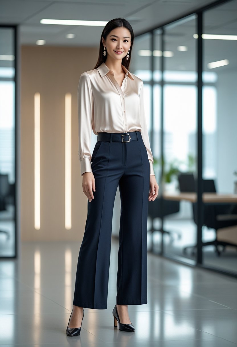 A woman standing in a modern office wearing a silk blouse with wide-leg trousers and a belt at the waist.
