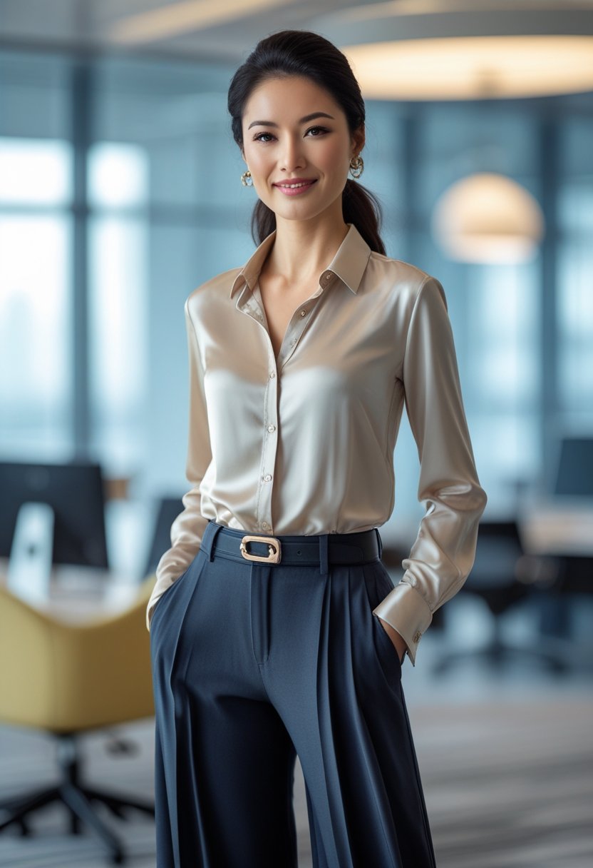 A woman standing in an office wearing wide-leg trousers and a blouse with a belt at the waist.