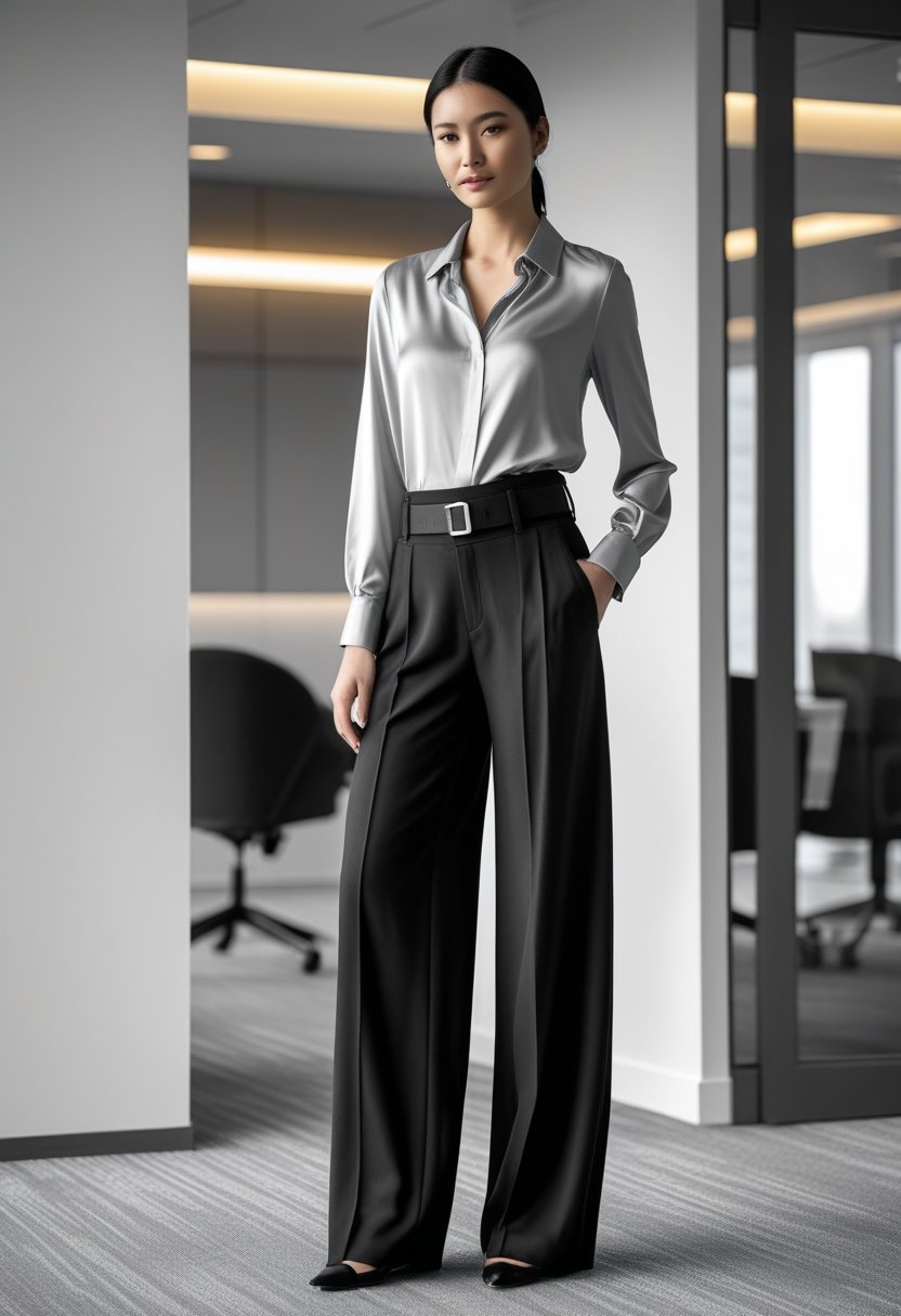 A person standing in a modern office wearing wide-leg trousers and a silk blouse with a belt at the waist.