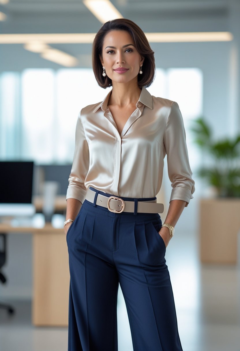 A confident woman standing in an office wearing wide-leg trousers, a silk blouse, and a belt at the waist.