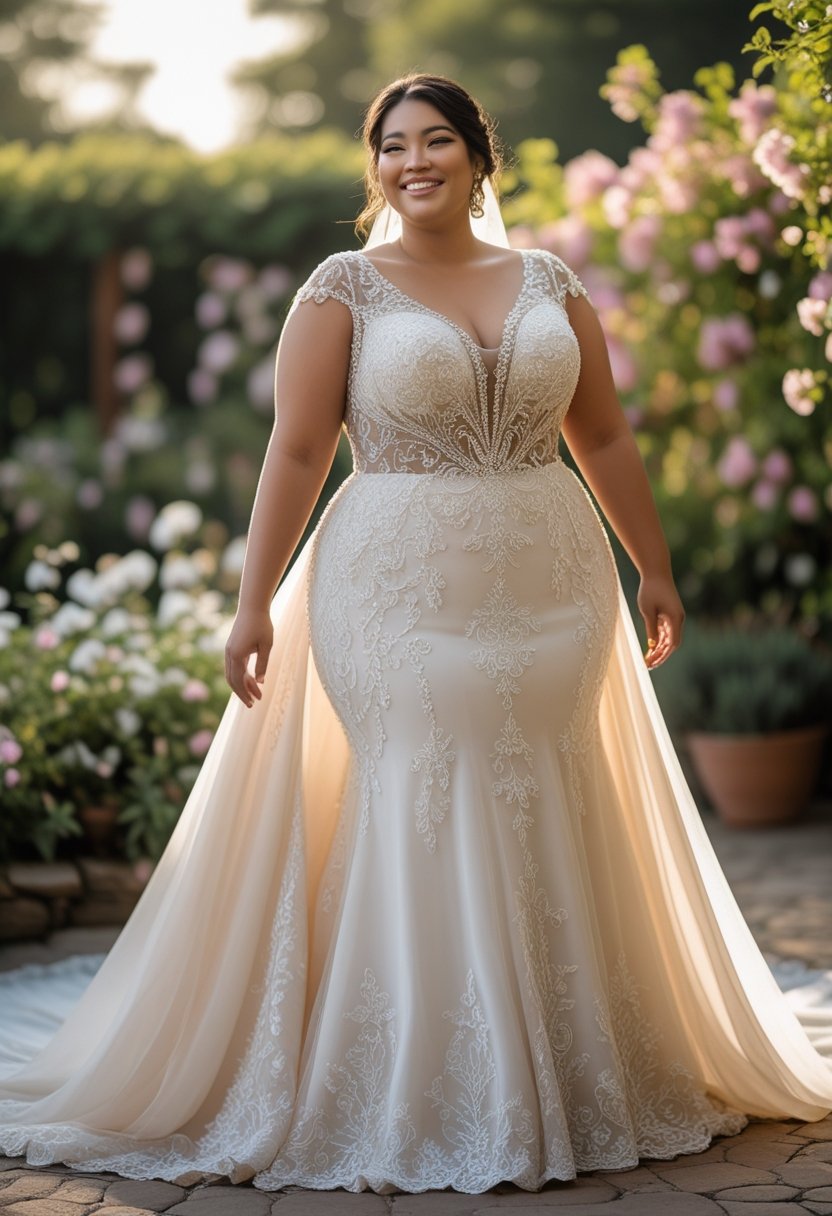 A plus-size bride standing outdoors in a wedding dress with intricate details, smiling gently in a garden setting.