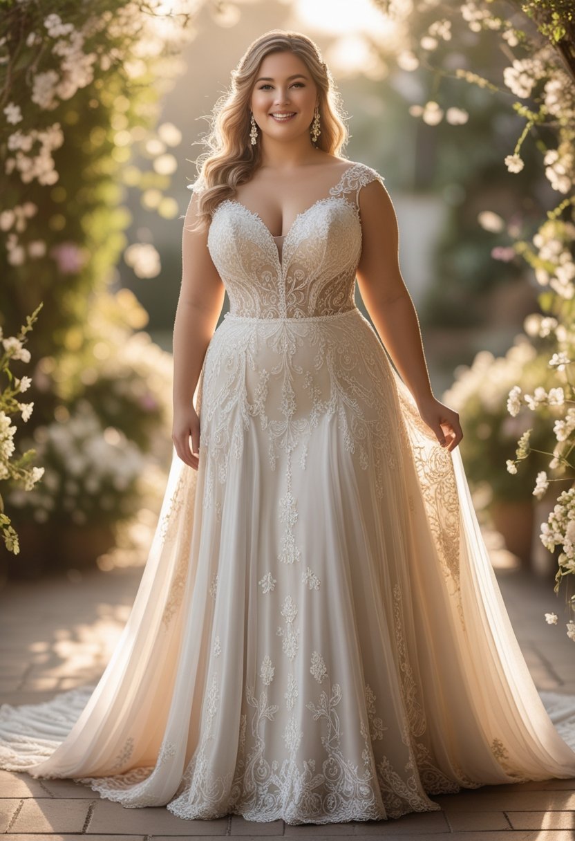 A plus-size bride in a wedding dress standing outdoors surrounded by greenery and flowers.