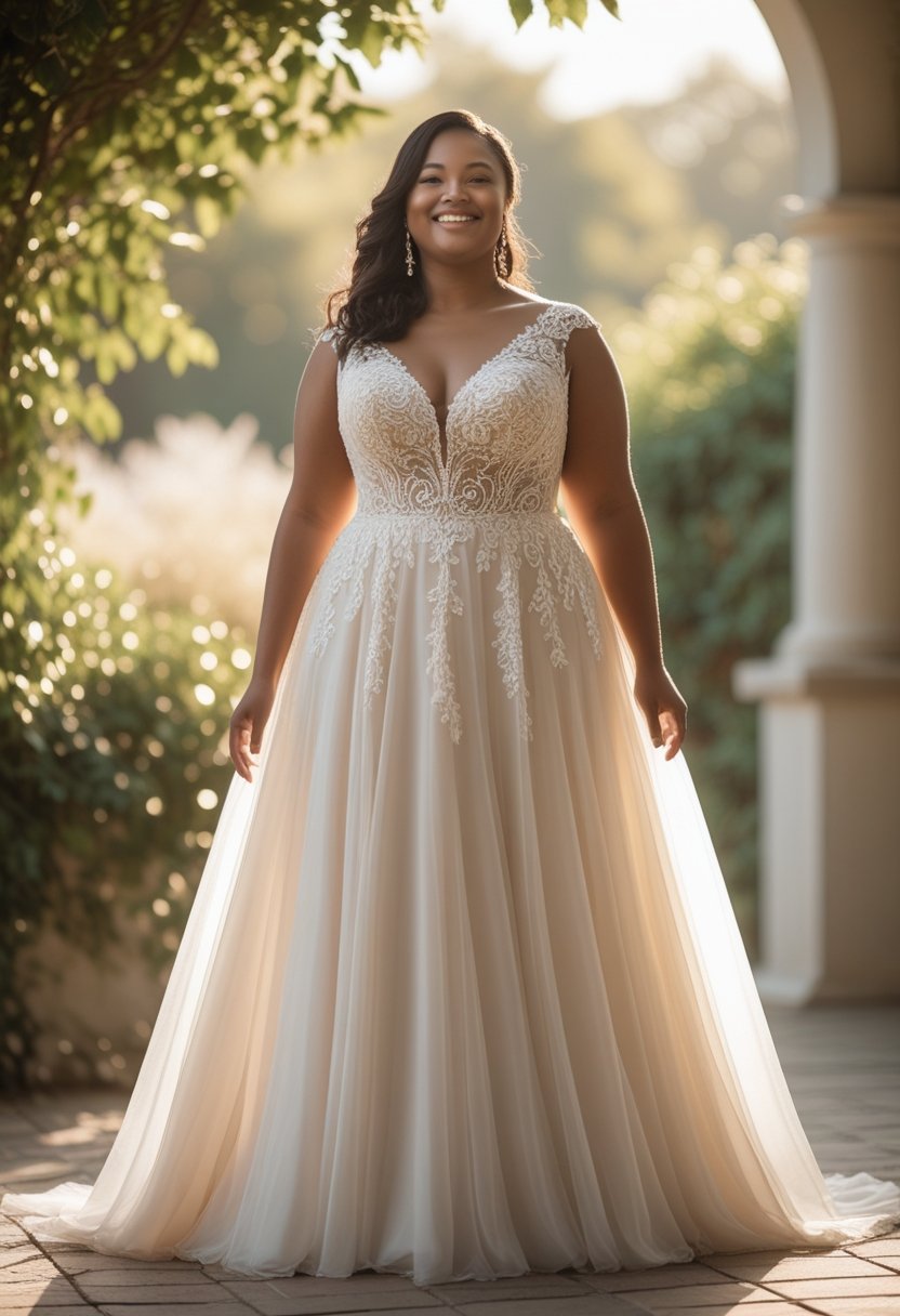 A plus-size bride stands outdoors wearing an elegant wedding dress with lace details, surrounded by greenery.