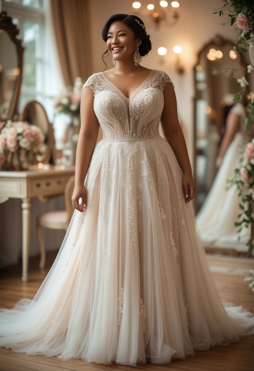 A plus-size bride standing in a bridal boutique wearing an elegant wedding dress with detailed lace and embroidery.