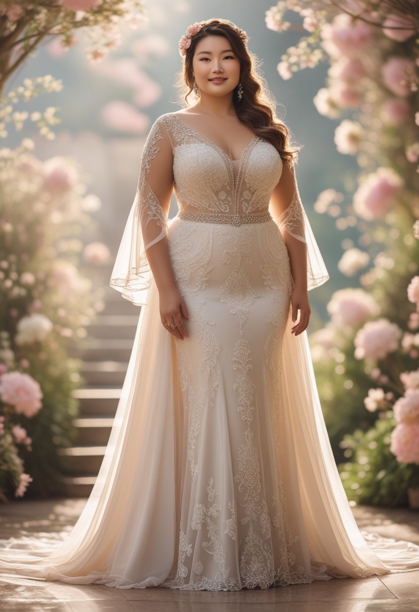 A plus-size bride wearing an elegant wedding dress, standing in a softly lit floral setting.