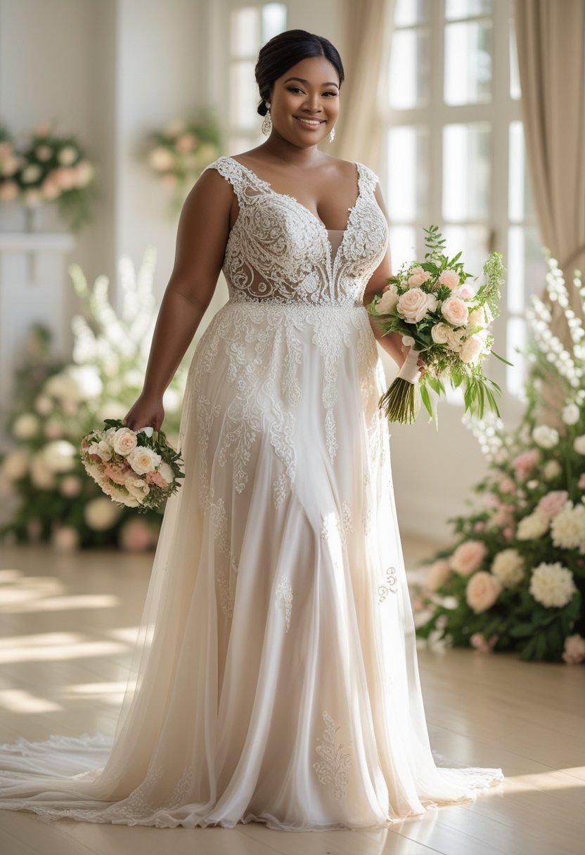 A plus-size bride standing indoors wearing a detailed wedding dress, holding a bouquet and smiling.