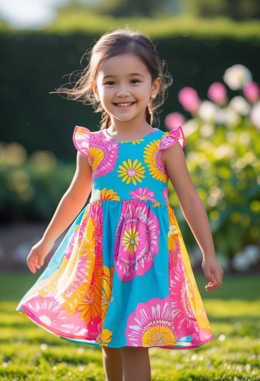 A young girl smiling outdoors wearing a colorful summer dress in a garden.
