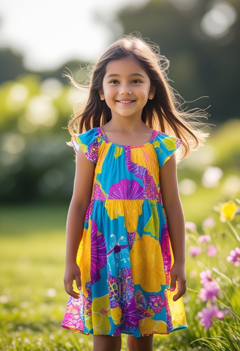 A young girl standing outdoors in a colorful summer dress on a sunny day with green grass and flowers around her.