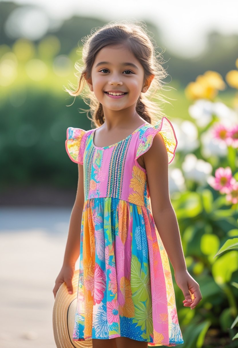 A young girl standing outdoors in a colorful summer dress on a sunny day surrounded by greenery.