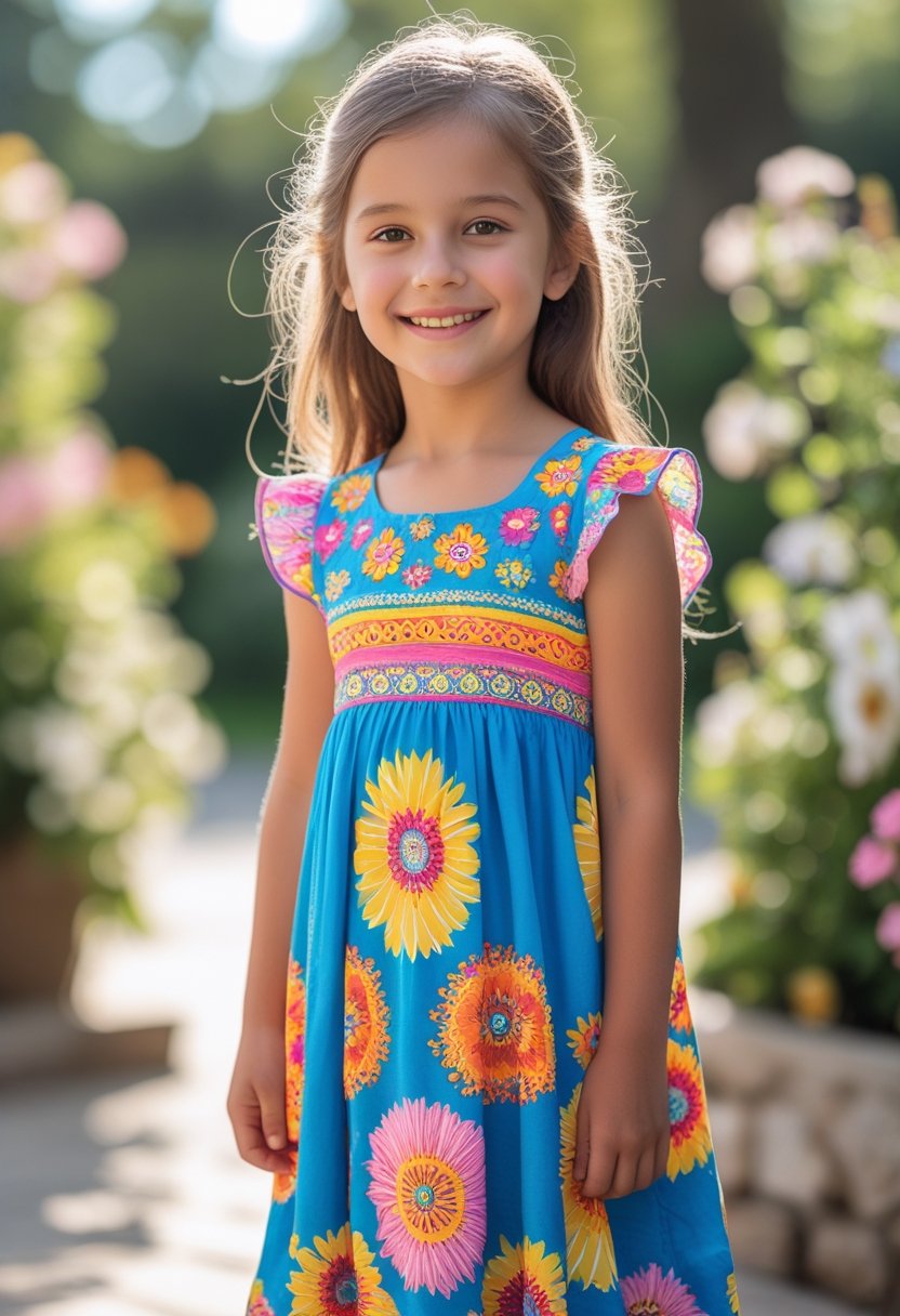 A young girl wearing a colorful summer dress standing outdoors in a garden on a sunny day.