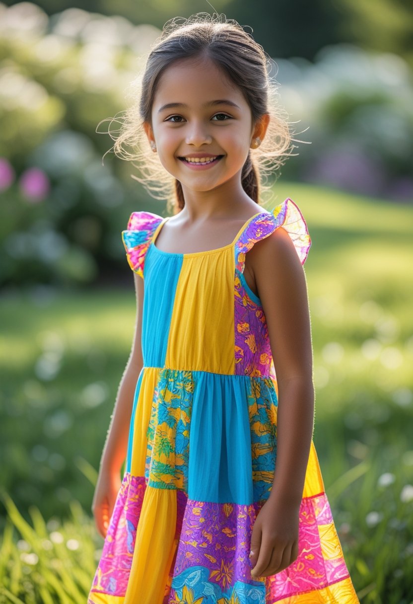 A young girl smiling outdoors wearing a colorful summer dress in a garden.