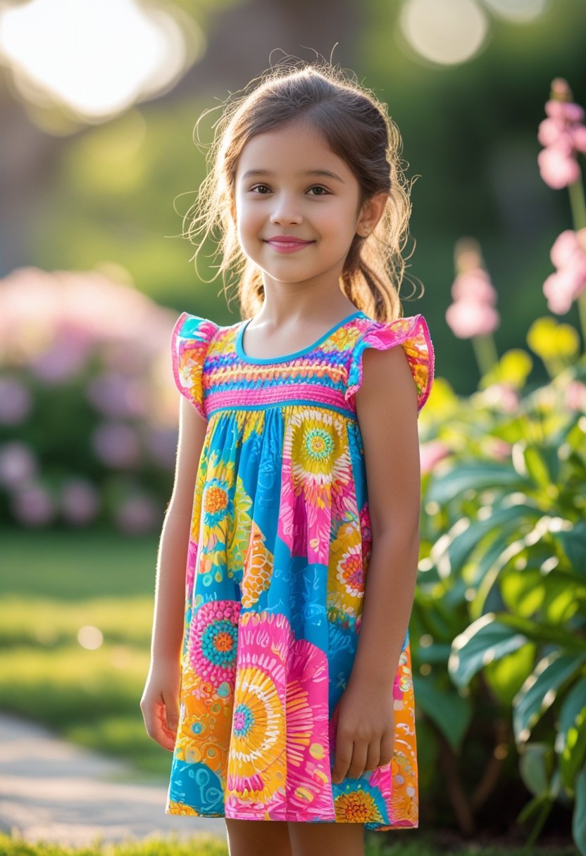 A young girl standing outdoors in a colorful summer dress surrounded by greenery and flowers.
