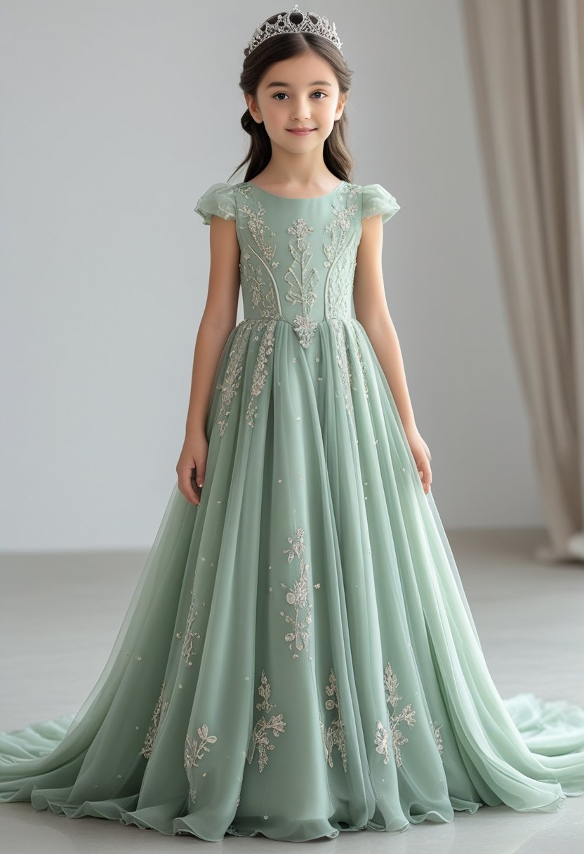 A young girl standing and wearing a sage green princess dress with delicate details.