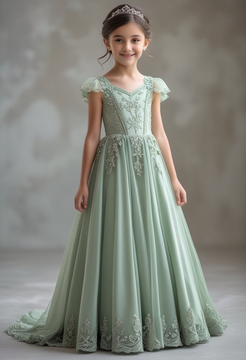 A young girl standing and wearing a sage green princess dress with lace details.