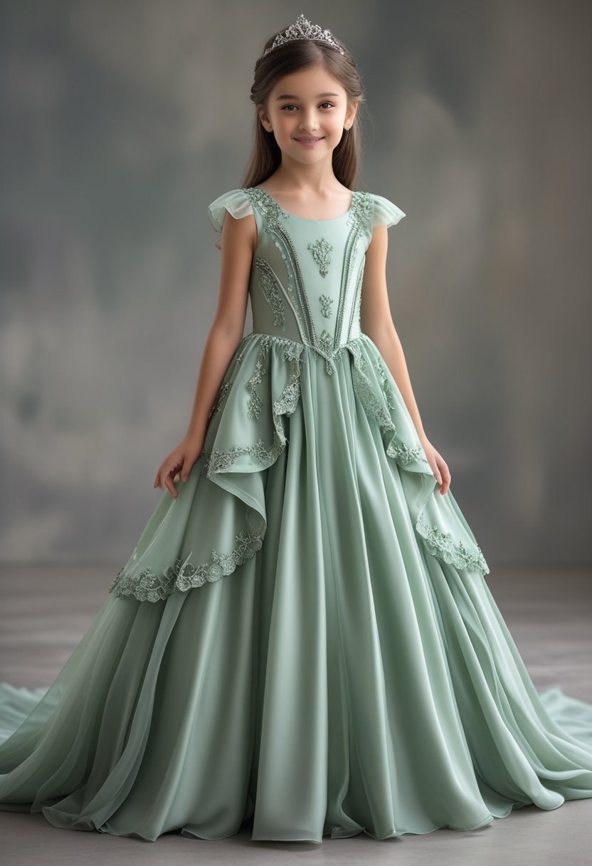 A young girl wearing a flowing sage green princess dress standing against a neutral background.