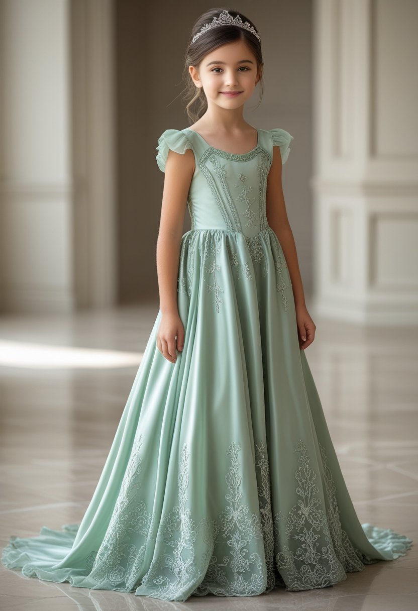 A young girl wearing a sage green princess dress standing indoors with a neutral background.