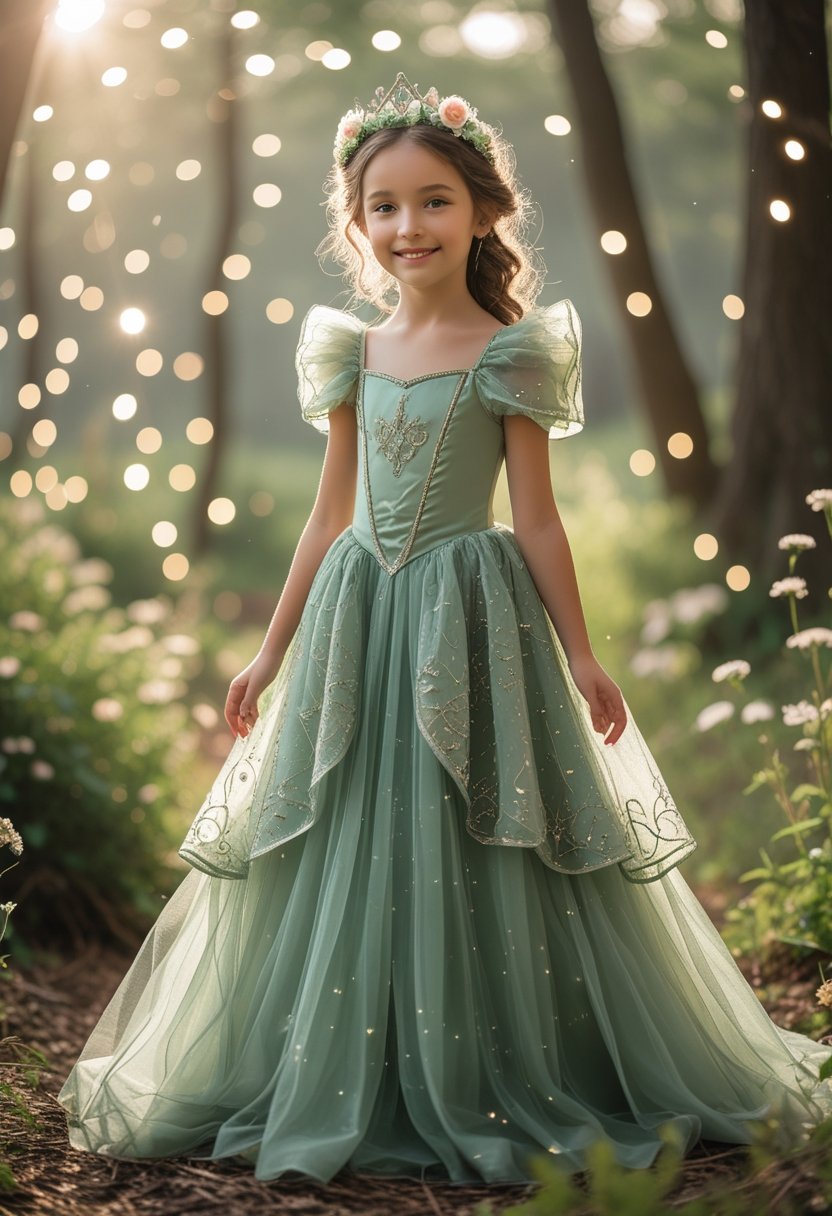 A young girl in a sage green princess dress stands in a softly lit forest surrounded by greenery and flowers.