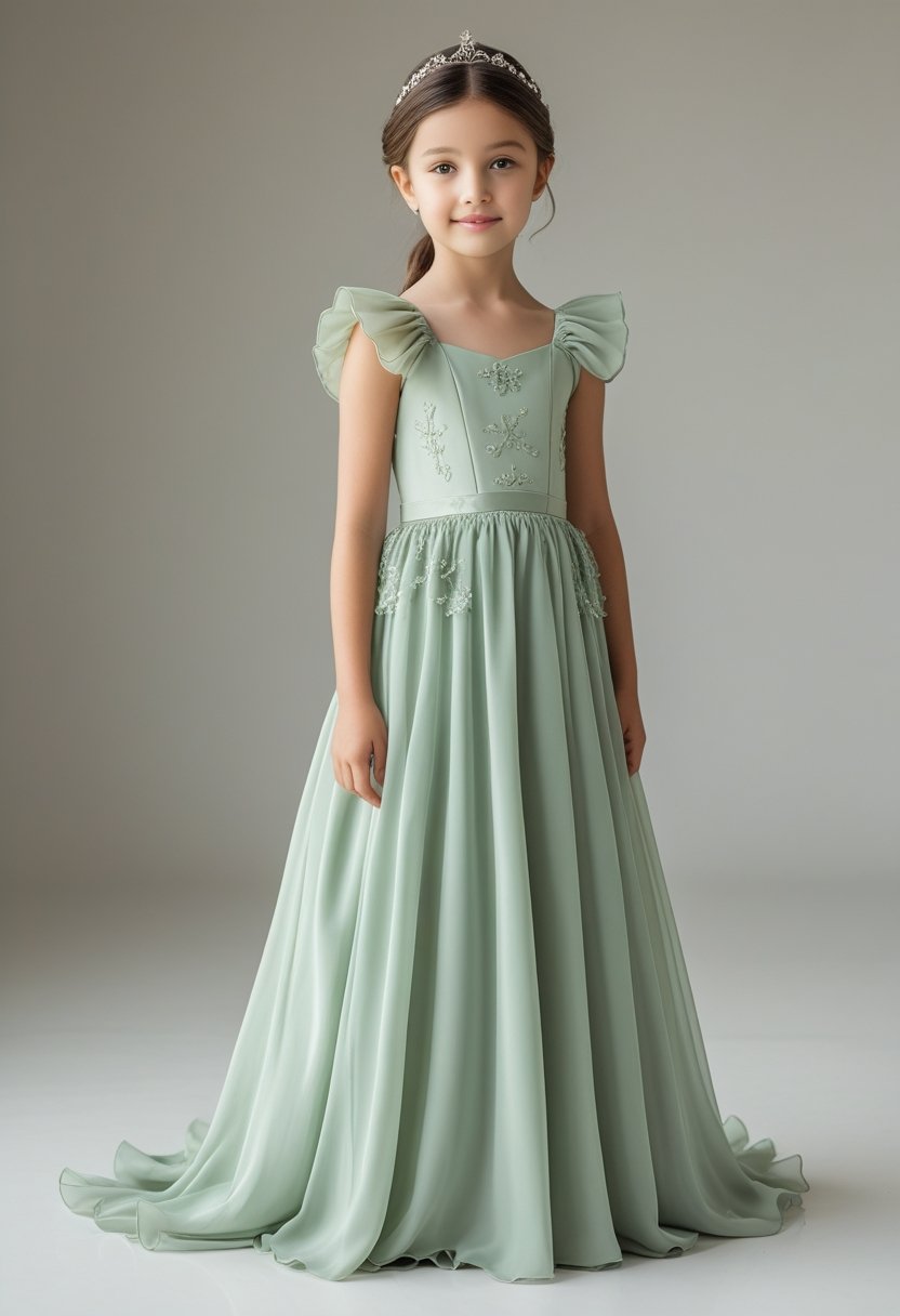 A young girl standing wearing a sage green princess dress in a studio setting.
