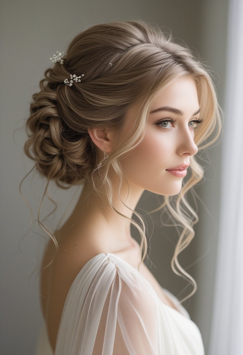 A young woman with her hair half pinned up and half flowing down, looking serene and elegant.