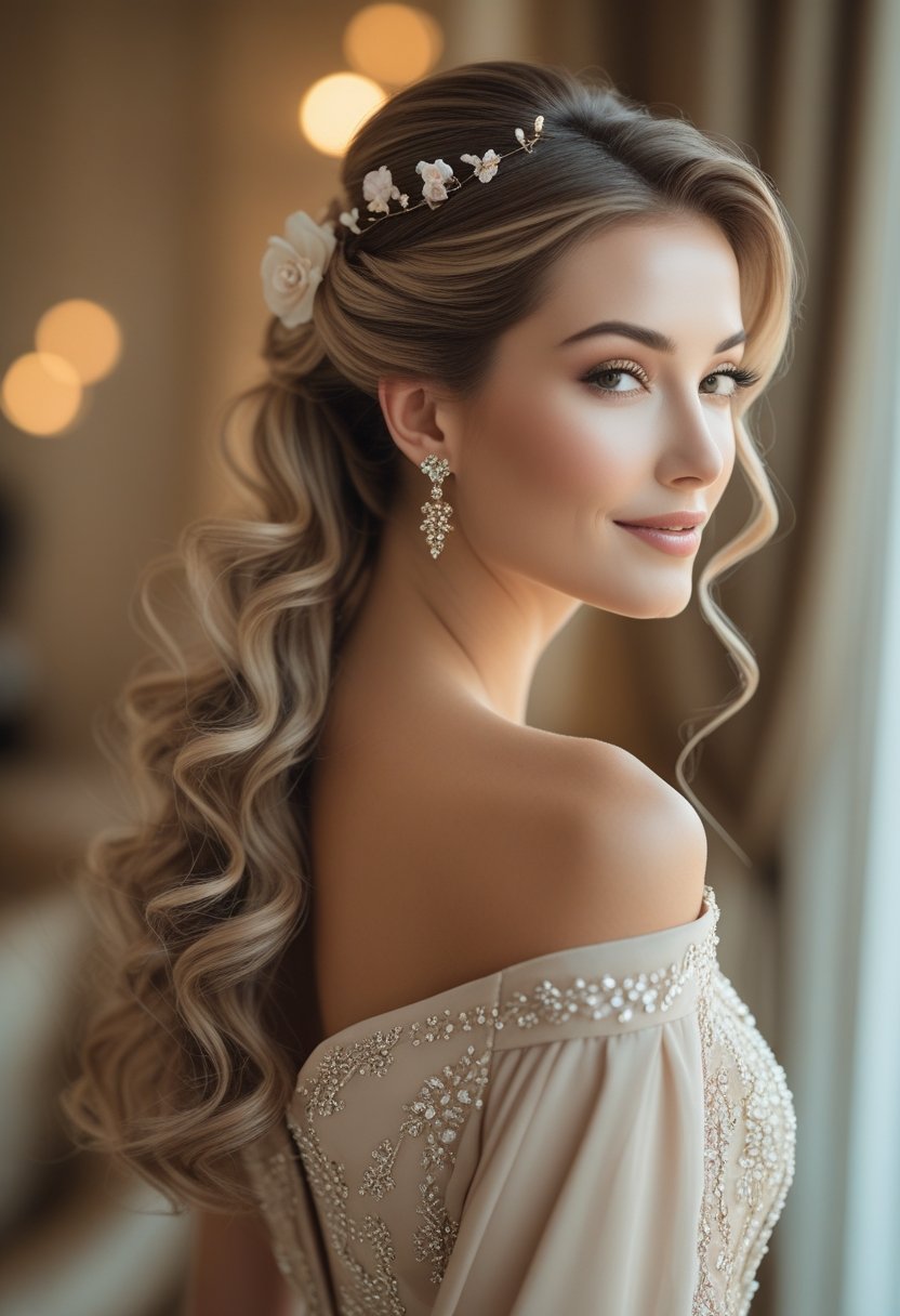 A woman with softly styled hair pulled half up and half down, smiling gently in a softly lit indoor setting.