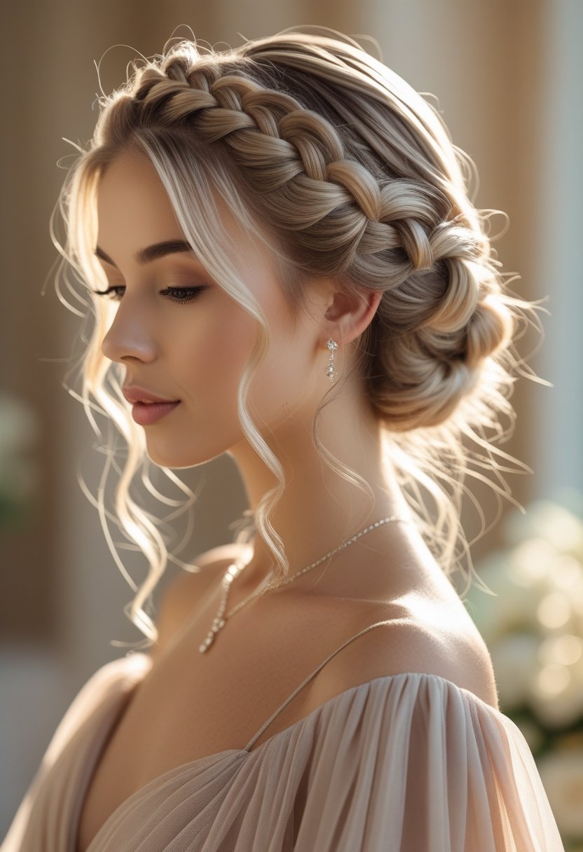 Close-up of a woman with braided and twisted hair styled half-up half-down, smiling softly against a blurred pastel background.