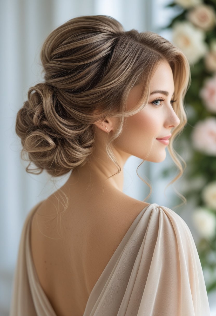 A woman with soft wavy hair styled half-up half-down, looking slightly to the side in a bright setting.