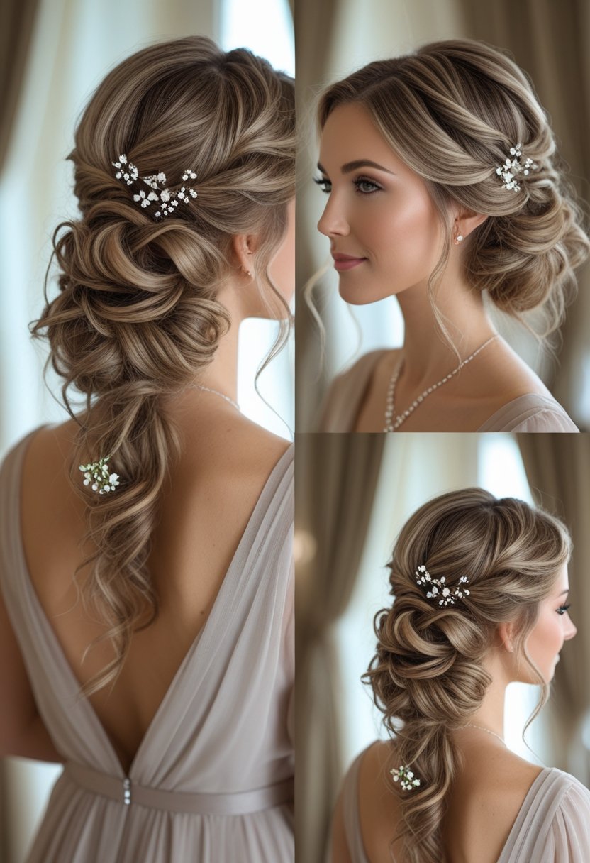 A woman with a half-up half-down hairstyle wearing a light dress in a softly lit setting.