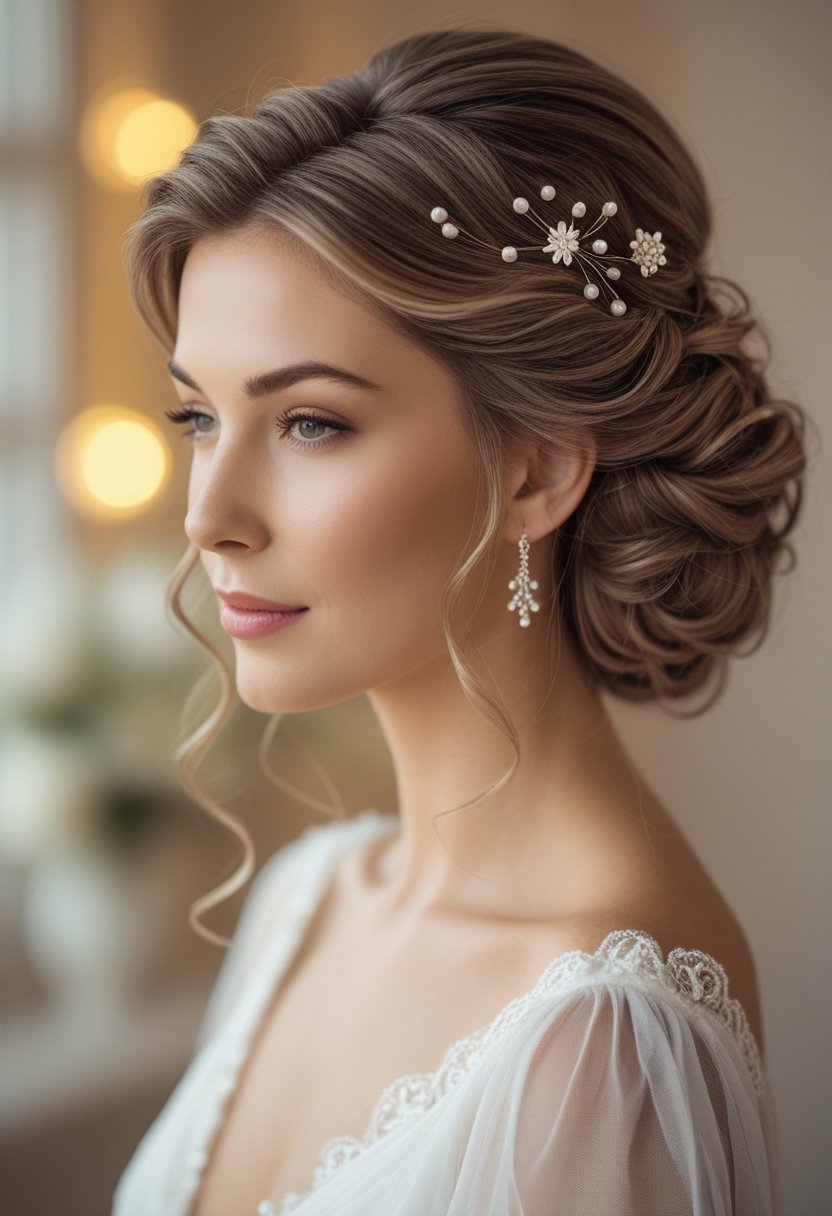 Close-up of a woman with a half-up half-down hairstyle decorated with delicate hair accessories.