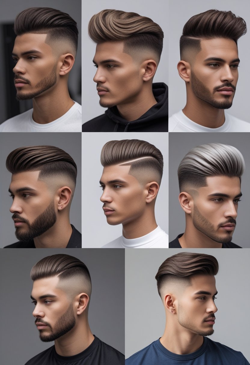 Six men with different fade haircuts posing in a studio with neutral backgrounds.