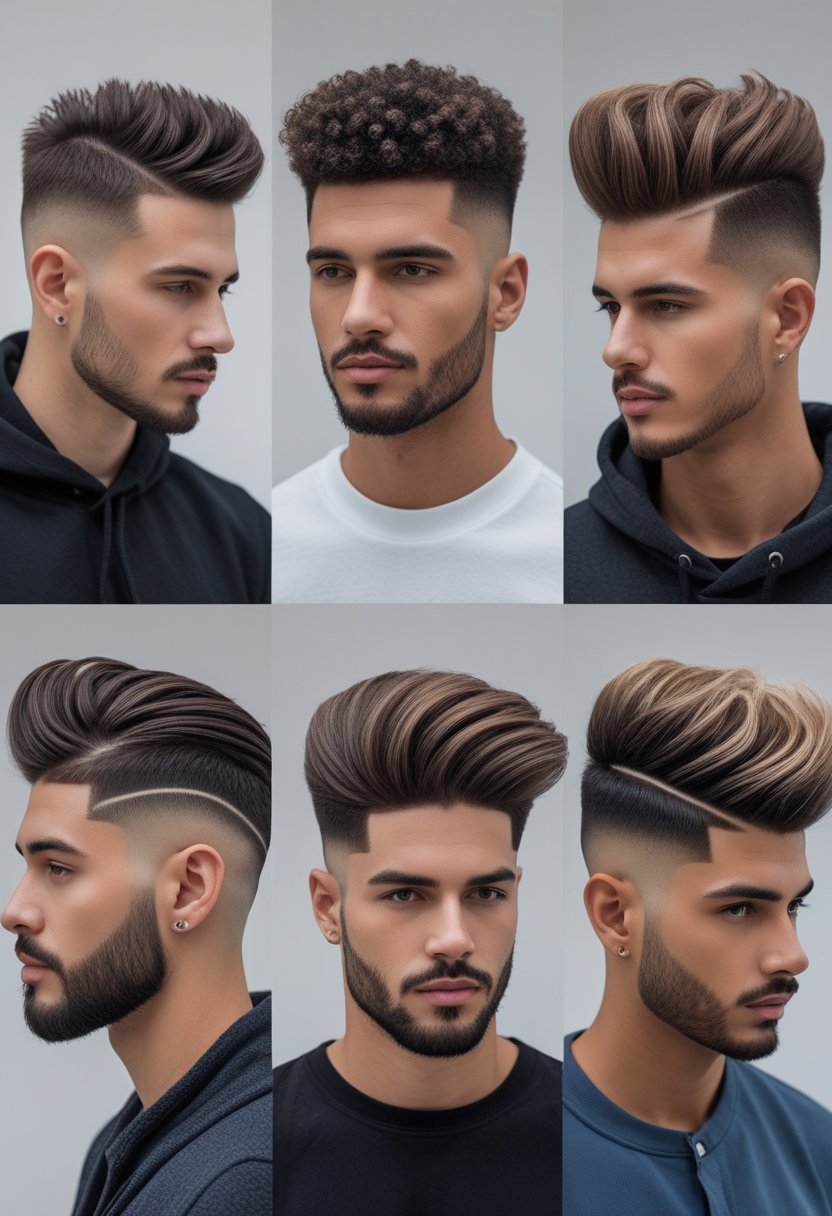 Six men with different fade haircuts and textured tops standing against a plain background.