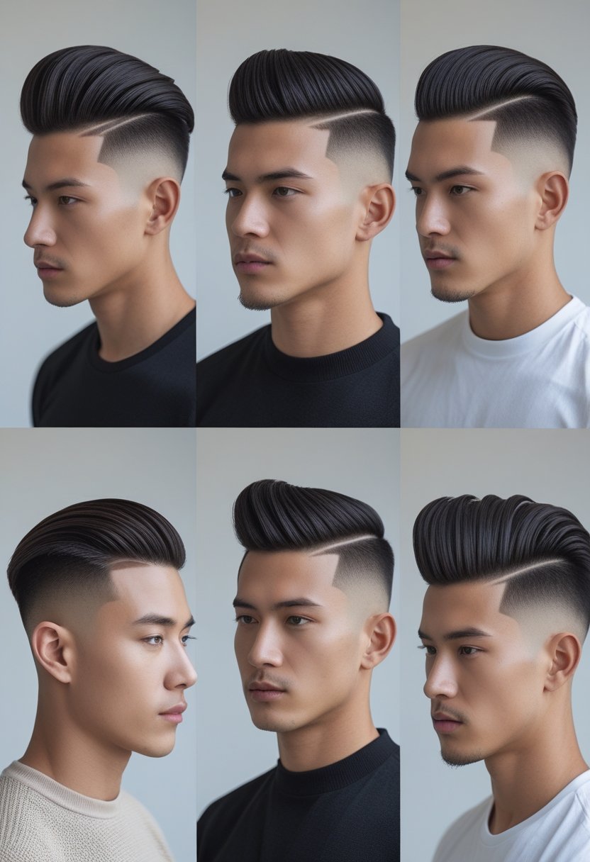 Six men with different comb-over fade haircuts posing in a studio with neutral backgrounds.