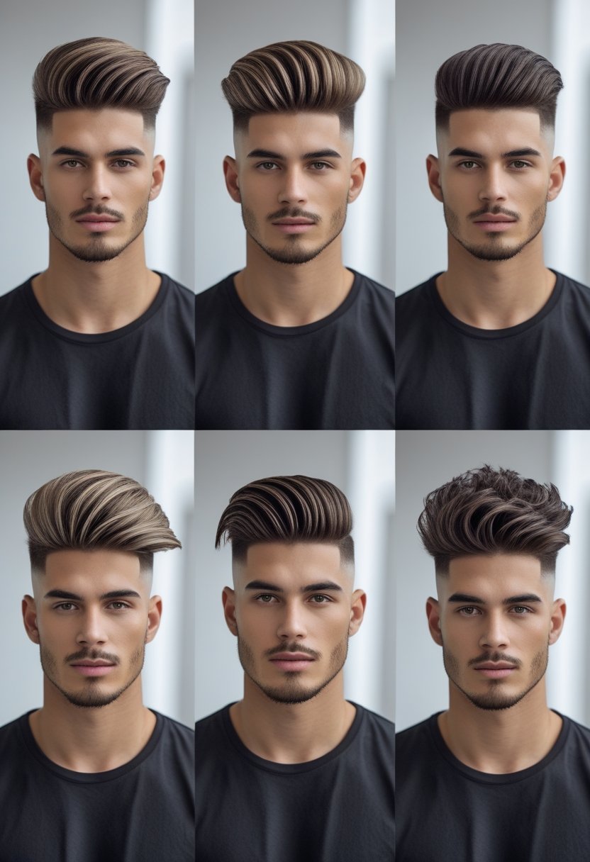 Six men with different haircuts and face shapes posing in a studio setting.