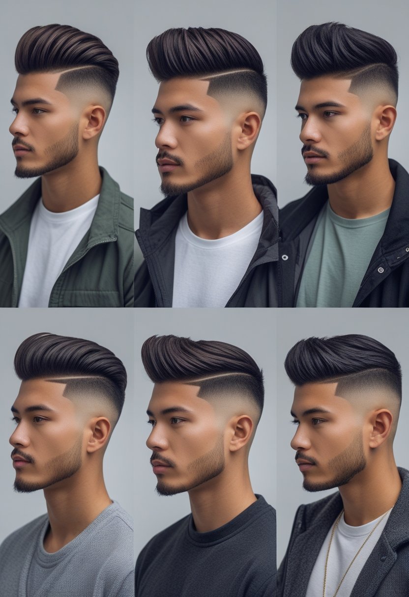 Six men with different fade haircuts standing in a studio with a neutral background.