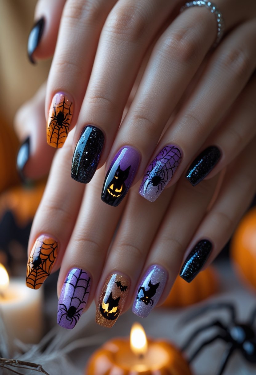 Close-up of hands with various Halloween-themed nail art designs featuring spiders, cobwebs, pumpkins, and bats.