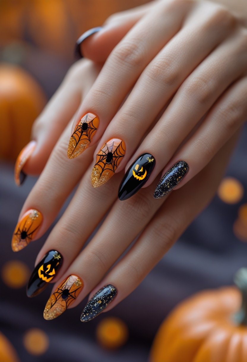 Close-up of hands with Halloween-themed nail art featuring spider webs, spiders, pumpkins, and glitter in orange and black colors.
