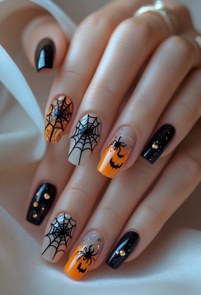 Close-up of hands displaying Halloween-themed nail art with spider webs, spiders, pumpkins, and glittery accents.